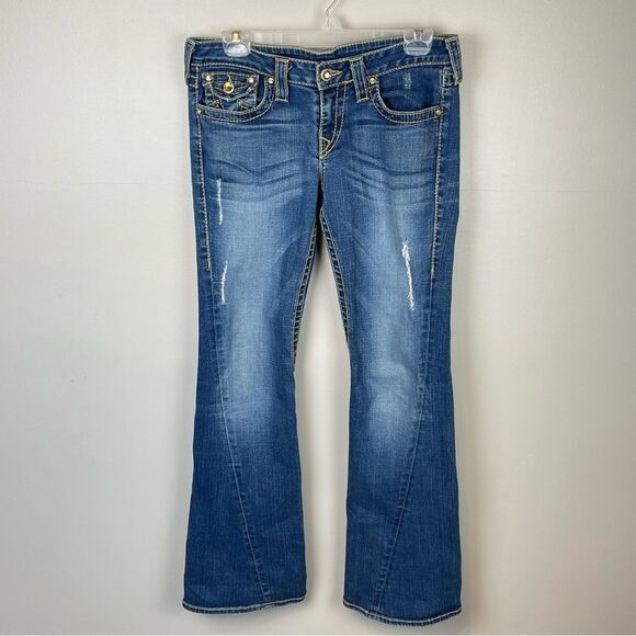 True Religion DISCO Joey Big T 30 Gold Stitching Crystal Button Flare Leg Jeans - Picture 3 of 8